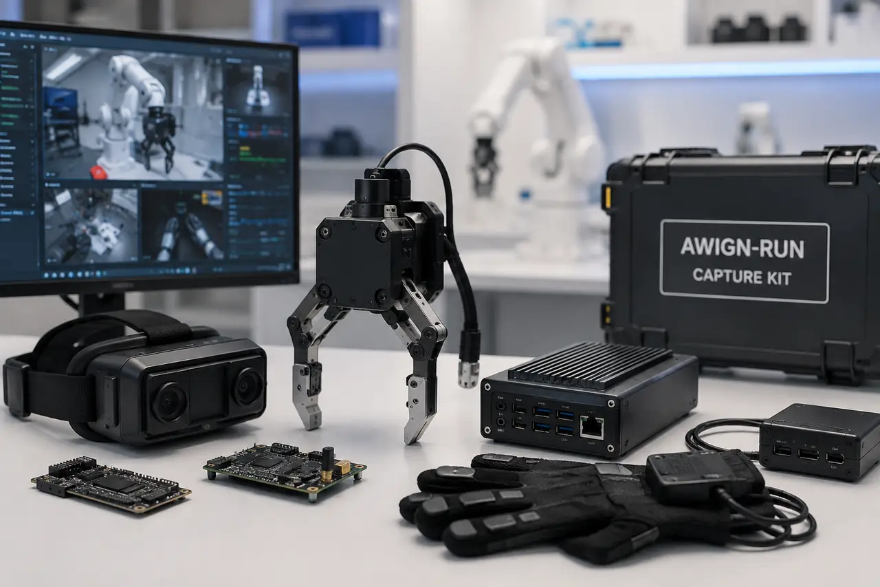 Awign-Run capture kit laid out in a lab: stereo headset, gripper, compute unit, sensor boards, tactile gloves and hard case