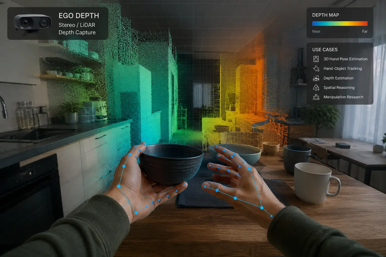 Egocentric kitchen view with colorized depth point cloud and 3D hand pose overlays