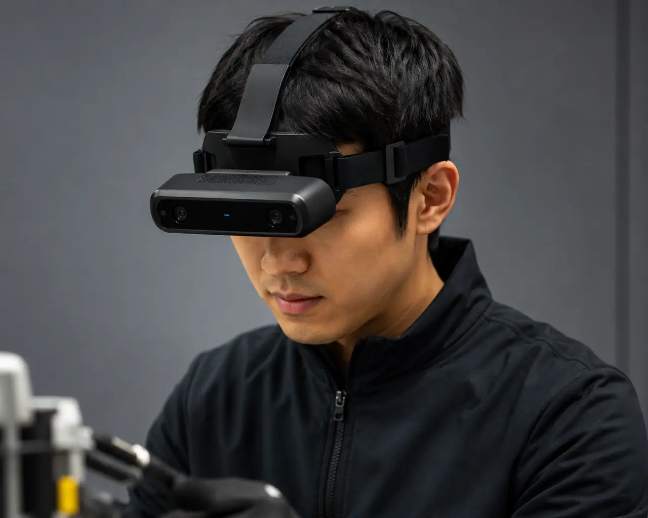 Technician wearing a head-mounted stereo depth camera while working at a bench