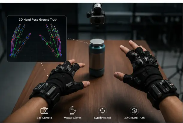 Mocap gloves reaching for a bottle under an ego camera, with a 3D hand pose ground truth overlay