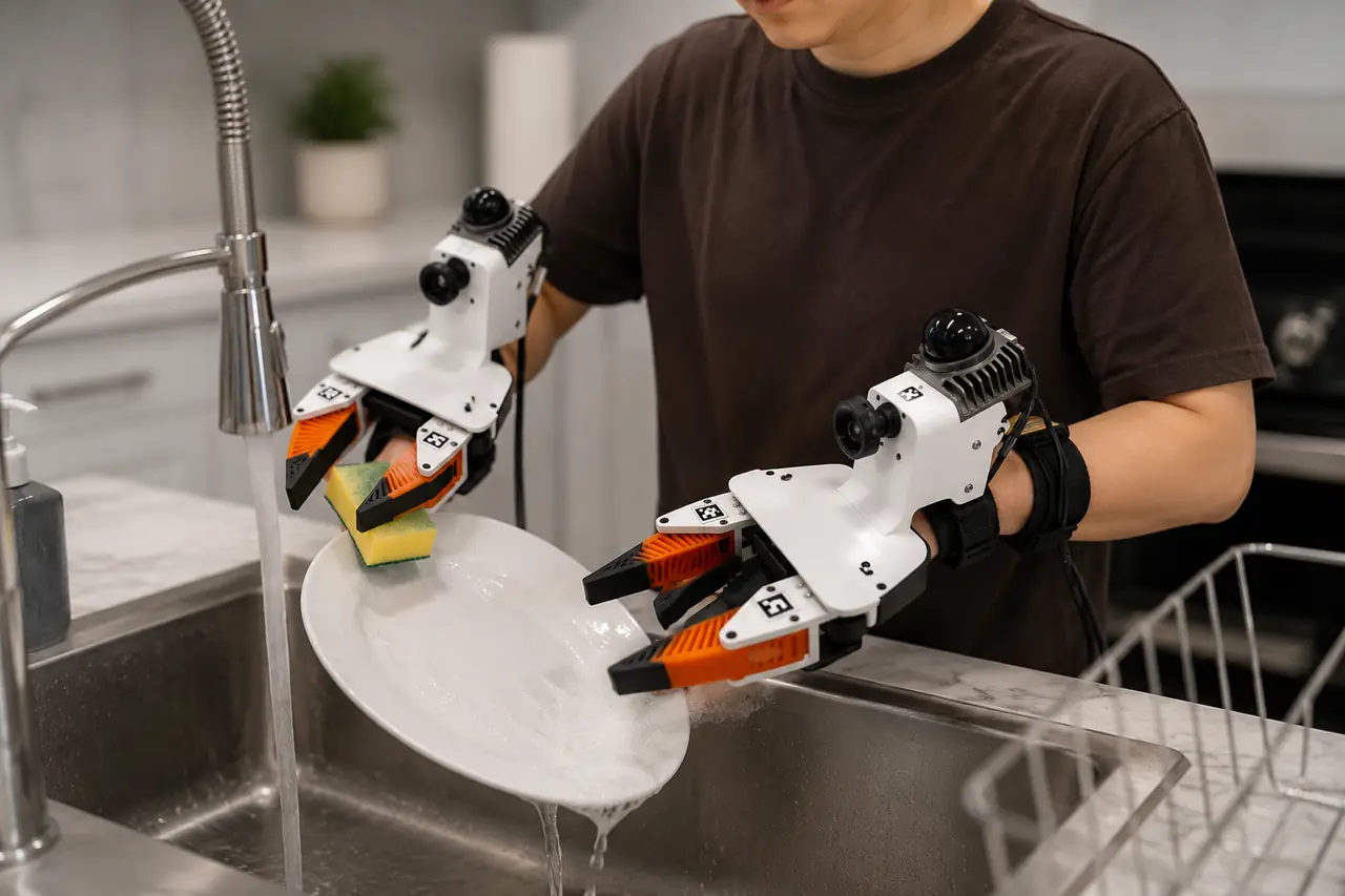 Two-handed instrumented grippers washing a plate at a kitchen sink