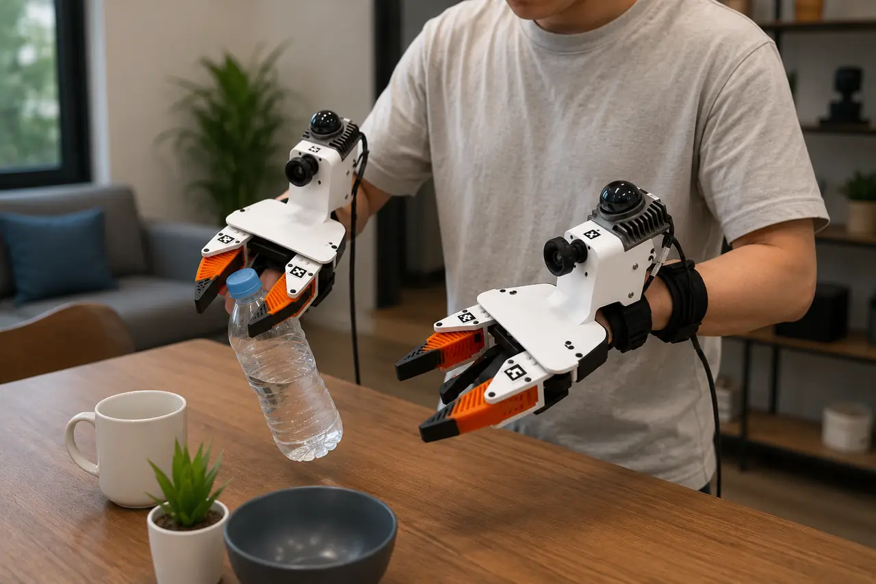 Instrumented grippers lifting a water bottle from a living room table