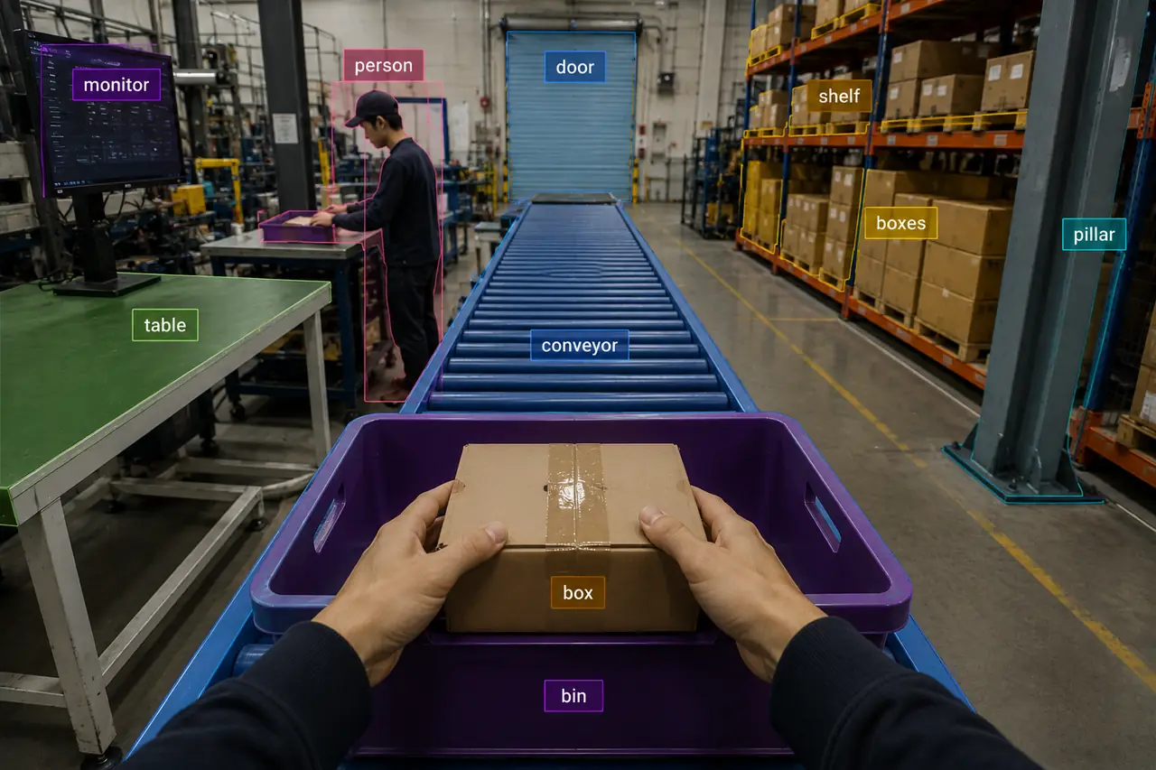 Egocentric warehouse view with semantic annotation labels on box, bin, conveyor, shelf and person