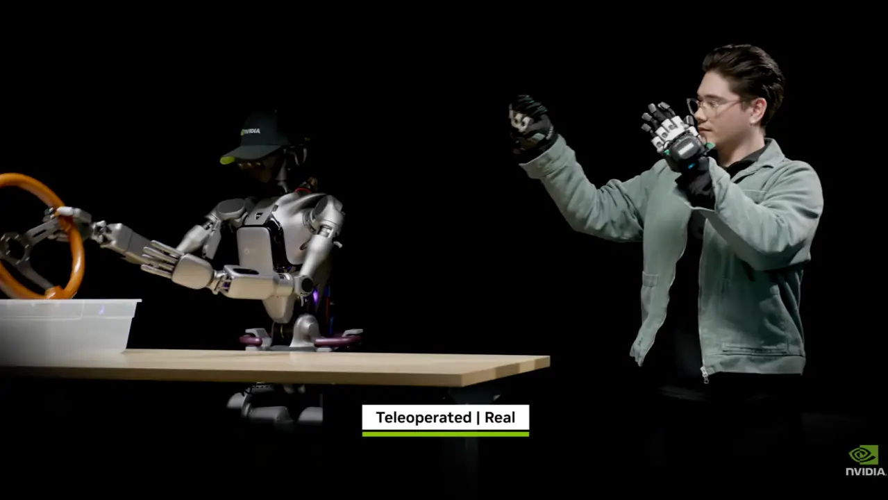 Operator in haptic gloves teleoperating a humanoid robot handling a steering wheel